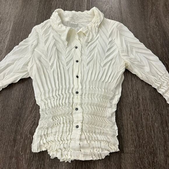 Babette Vintage Ivory Micropleat Button Front Top XS Long Sleeve Sculpted Blouse - Picture 15 of 16